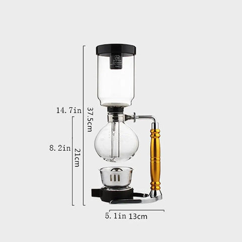 Straight Fire Borosilicate Glass Siphon Coffee Maker With Heavy Duty Stainless Base And Precision Alcohol Burner For Smooth Cold Brew And Iced Coffee Vibes Tabletop Ready, showing side view with dimensions.