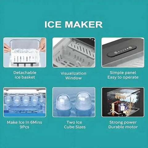Kick Ass Portable Countertop Ice Maker Machine Features Self Cleaning Tech Quick Six Minute Bullet Ice Production Up To Twenty Six Pounds Daily Snag This Dope Gear For Kitchen Party Or Bar To Keep Drinks Frosty All Season Long showing ice basket, control panel, and ice cube options.