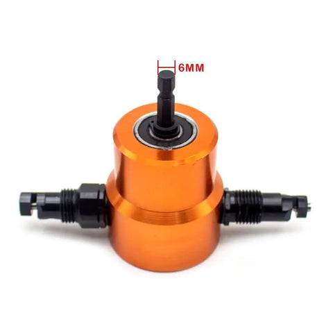 Heavy Duty 6Mm Metal Sheet Cutter With Double Head Electric Drill Attachment showing 360 rotatable blade holder for curve cuts.