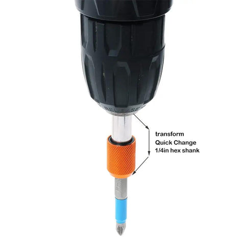 Close-up of drill with Two Pack Magnetic Quick Change Bit Holders With A Quarter Inch Hex Shank Drill Bit Extensions, orange.