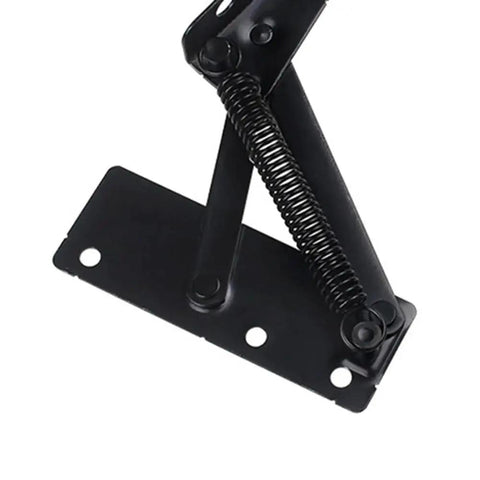 Top Tier 2 Pack Sofa Bed Spring Hinges Built For Smooth Lifting Action On Folding Cabinet Doors And Lift Up Furniture Hardware 80 Degree T Shaped Hinges showing a detailed close-up of black metal hinge with spring.