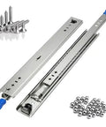 Heavy Duty Drawer Slides Featuring Full Extension Locking Runners with Bulletproof Ball Bearing Tracks and screws and balls for installation.