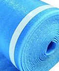 Heavy Duty Underlayment Roll For Hardwood Vinyl And Laminate Featuring Built Different Moisture Barrier Foam Game Changing Sound Dampening For Quick Install Covers 100 Sq Ft Blue, rolled up view.