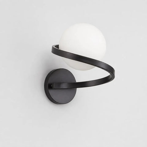 MAHGNTKCX Black Wall Sconce with Opal Glass Globe and Spiral Metal Frame featuring a sweeping design and soft light.