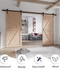 Premium Grade Spruce Double Barn Door With Heavy Duty Mounting Hardware Included Tough As Nails Durability Smooth Glide Rails For Room Divider And Closet Upgrade 72 Inch Wide Opening rustic wood doors installed in modern home interior.