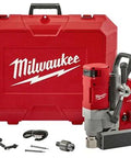 Milwaukee magnetic drill with 1-5/8 in capacity and 1/2 in chuck, red power tool with carrying case and accessories