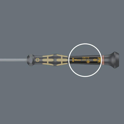 Close-up of ESD Safe Kraftform Micro Phillips Screwdriver 1550 PH with anti-roll cap and markings, PH 000 x 40 mm.