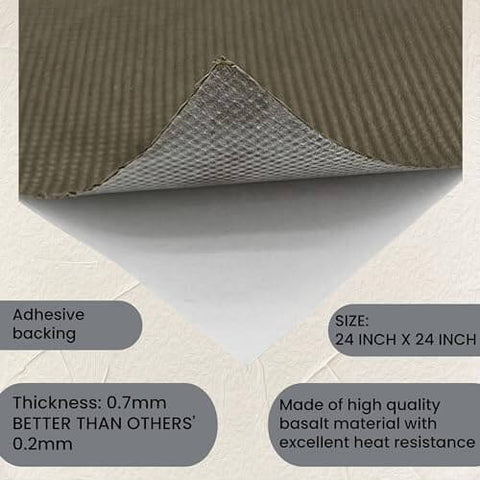 Close-up of Reinforced Exhaust Heat Shield Mat 24x24 with adhesive backing, showing high quality basalt material and thickness of 0.7mm