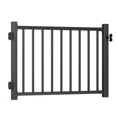 Tough As Nails Aluminum Deck Gate With Self Closing Hinge And Rust Proof Latch Setup For Screen Porch Fence, black finish, 36 inch size.