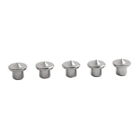 Five steel alignment pins from Pro Grade Dowel Center Pin Set For Woodworking, chrome-plated for marking 6, 8, 10, 12mm joints.