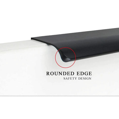 Close-up of matte black modern edge finger pull handle with rounded edge design for 10 Pack Matte Black Modern Edge Finger Pull Handles For Cabinets And Drawers With Hidden Mount Aluminum Alloy 150 Millimeter Length 128 Millimeter Hole Spacing Fingerprint Resistant Easy Pre Drill Installation.