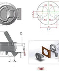 2 Inch Flush Pull Slam Latch Set In Black ABS Plastic For RV Boat Doors Cabinets And Decks, Round 2 Diameter shown with dimensions and assembly