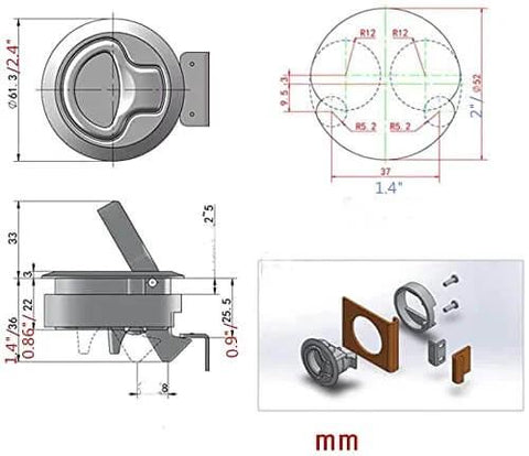 2 Inch Flush Pull Slam Latch Set In Black ABS Plastic For RV Boat Doors Cabinets And Decks, Round 2 Diameter shown with dimensions and assembly