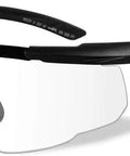 Kickass Safety Glasses With Swappable Polycarbonate Lenses And Wraparound Shield delivering eye protection with transparent lenses and matte black frames.