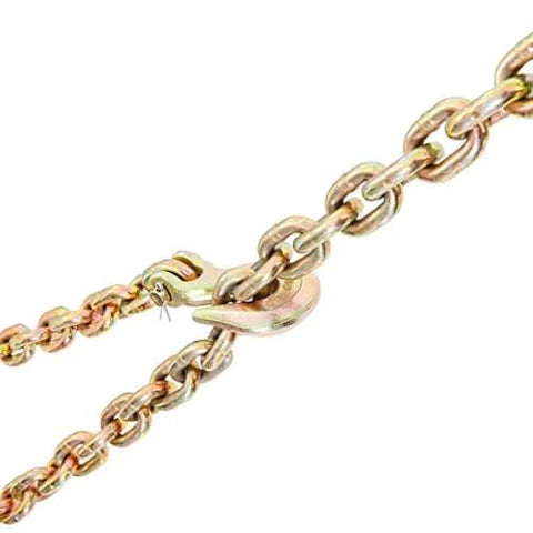 Close-up of Three Eighths Inch 20 Foot G80 Tow Chain with grab hooks, galvanized manganese steel, 7100 lb WLL, DOT certified