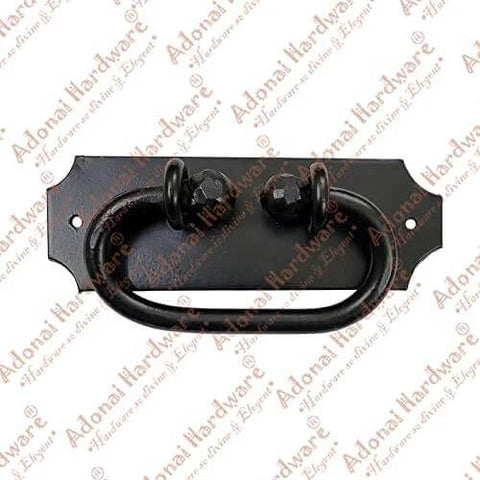 Front view of Moladah Hand Forged Iron Drop Pulls Two Pack Matte Black Finish for vintage wood cabinets, 154mm by 51mm.