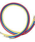 AC refrigerant hose set with three hoses (red, blue, yellow) and brass fittings for Freon charging.