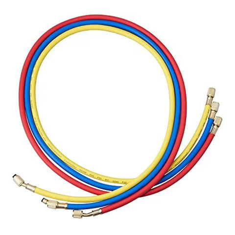 AC refrigerant hose set with three hoses (red, blue, yellow) and brass fittings for Freon charging.