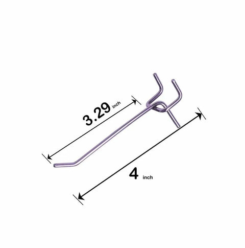 Close-up of a 4-inch silver steel pegboard hook with dimensions, part of 30-Piece 4 Inch Silver Pegboard Hooks Set For 1/4 Inch And 1/8 Inch Pegboards Garage Tool Shed Or Basement Organization Kit Heavy Duty Durable Hooks For Hangers Tools Cords And More