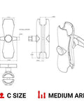 Technical diagram of Double Socket Arm for C Size RAM Ball Components with 5.69 inch overall reach, medium length.