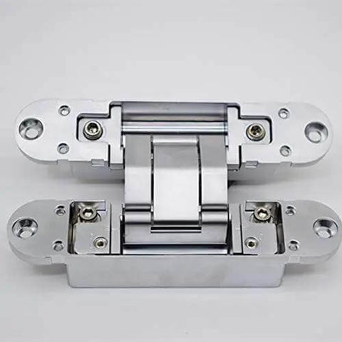Premium Zinc Alloy Hidden Three Dimensional Adjustable Door Hinge for cabinets and closets, front view showing zinc alloy material