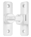 White Aluminum Alloy Gate Lock Featuring Dual Angle Design For Rugged Barn Door Latch Security with smooth pivoting mechanism.