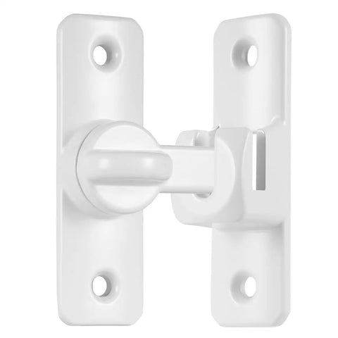 White Aluminum Alloy Gate Lock Featuring Dual Angle Design For Rugged Barn Door Latch Security with smooth pivoting mechanism.