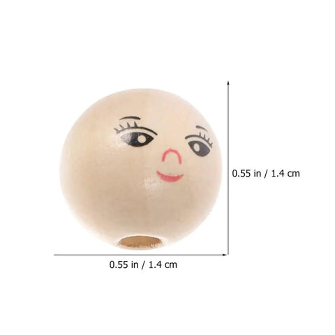 Round Wooden Smile Face Beads Set, single 14mm wood bead with smile design, hole visible for DIY jewelry and crafts.