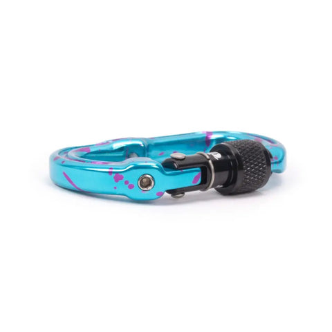 Heavy Duty Micro Carabiner With Keylock Screwlock And Captive Eye For Hella Secure Accessory Attachment Smooth Operator Aluminum Clip, blue and pink design.