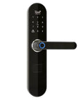 Heavy Duty Fingerprint Smart Digital Deadbolt Lock With Built In Doorbell And Slick Electronic Keypad Access Tailored For Zero Hassle Home Security On Just About Any Wood Or Security Door, close-up view of keypad and handle.
