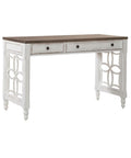 Built Different L Shaped Office Desk Set Crafted From Heavy Duty Wood, Classic Antique White And Rustic Weathered Brown Finish, Compact Corner Block, Dual Flip Down Tray, And Quiet Rolling Drawer Chest For Your Dream Workspace showing a stylish desk with a rustic top and decorative side panel.