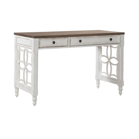 Built Different L Shaped Office Desk Set Crafted From Heavy Duty Wood, Classic Antique White And Rustic Weathered Brown Finish, Compact Corner Block, Dual Flip Down Tray, And Quiet Rolling Drawer Chest For Your Dream Workspace showing a stylish desk with a rustic top and decorative side panel.