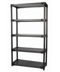 Heavy Duty 36 Inch Plastic Resin Shelving Unit 5 Tier Storage Rack With Solid Surface Shelves For Massive Load Capacity Built Tough Garage Utility Workhorse Easy Wipe Down Construction, black shelving unit with five shelves.