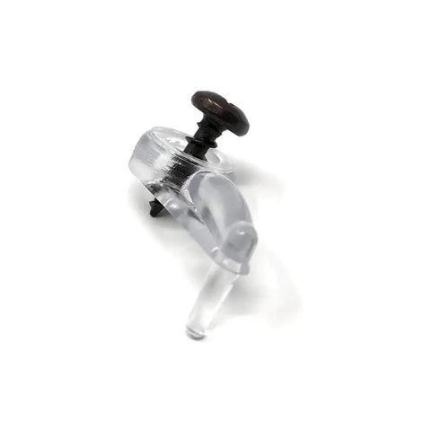 Clear Glass Cabinet Panel Retainer Clip with screw, translucent plastic, showing 5/16 inch offset for glass cabinets and window screens