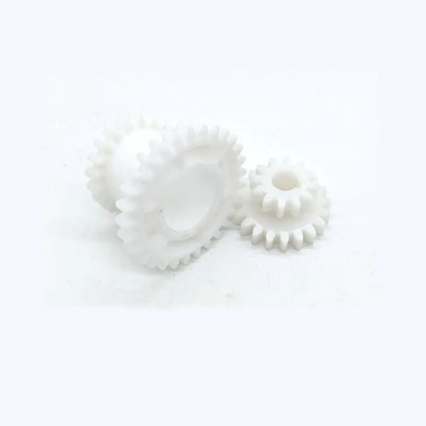 Two Speed Hi Low Plastic Double Gear Set For CJ0618 Mini Lathe Series Replacement Part Built For Small Metal Projects And Handles Tough Cuts With Durable M2.25 Module 45mm Height 30mm Bore 29 Teeth, white plastic gears on white background