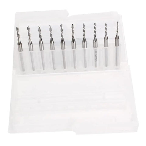 PCB Drill Bit Set For Tiny Holes 0.2mm To 3.175mm, Mini CNC Ready, Alloy Twist Bits, 10-Piece Kit, displayed in a white plastic case
