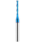 Upcut spiral router bit front view with nano blue coating; 1/4 inch shank, 1/8 inch cutting diameter