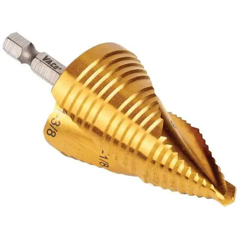Step Drill Bit Set For Thin Metal Plastic Aluminum And Wood Seven Eighths To One And Three Eighths Inch Double Spiral Flutes For Fast Cutting Titanium Nitride Coating Heat Dissipation Quarter Inch Hex Shank By Klein Tools, showing single drill bit with gold coating.