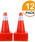 12 Pack 18 Inch PVC Traffic Cones For Road Work And Parking Lot Safety, Weighted Hazard Markers, Fluorescent Orange With 4 Inch Reflective Strips