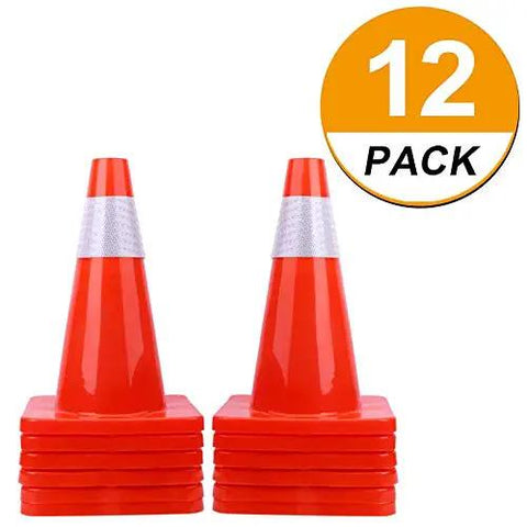 12 Pack 18 Inch PVC Traffic Cones For Road Work And Parking Lot Safety, Weighted Hazard Markers, Fluorescent Orange With 4 Inch Reflective Strips
