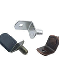 Diverse finishes of Beefy Heavy Duty Cabinet Shelf Brackets with Steel Wall Mount Supports, angled board pin fixation.