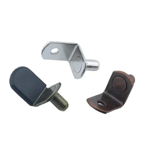 Diverse finishes of Beefy Heavy Duty Cabinet Shelf Brackets with Steel Wall Mount Supports, angled board pin fixation.