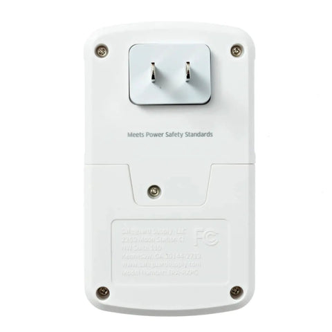 Back view of plug in receiver from Plug In Wireless Doorbell Kit With 4000 Feet Of Range And A Loud Flashing Strobe. White, meets safety standards.
