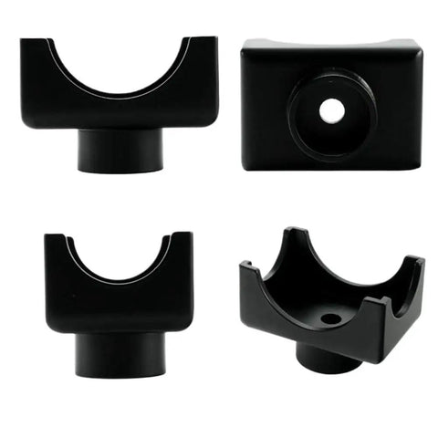 Four views of heavy-duty Bottle Jack Axle Saddle Adapter For 2 Inch And 3 Inch Axle Tubes, shown in black durable steel.