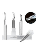 Four carbide single-flute end mills with 8 mm shanks in a plastic case; diameters 3–8 mm for aluminum, acrylic, wood.