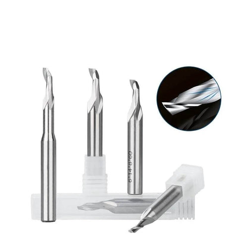 Four carbide single-flute end mills with 8 mm shanks in a plastic case; diameters 3–8 mm for aluminum, acrylic, wood.