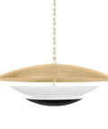 Game Changer Six Light Pendant Built From Solid Steel Featuring Vintage Gold Leaf And Soft Black Accents Damp Rated Fixture Includes Easy Peasy Adjustable Hanging Chain And Sloped Ceiling Hook with a gold top and black and white circular shades.