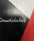 Close-up of the Consolidated logo on a black and red background, showcasing brand identity and design.
