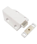 Heavy Duty Cabinet Door Push Latch With Magnetic Touch For Single Doors, white ABS plastic component and metal plate