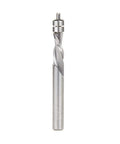 Invectra Solid Carbide Router Bit For Aluminum Laminate Trim One Quarter Inch Diameter One Quarter Inch Shank Five Eighths Inch Cutting Height Two And Three Eighths Inches Overall Length Replacement Bearings Included in upright position.